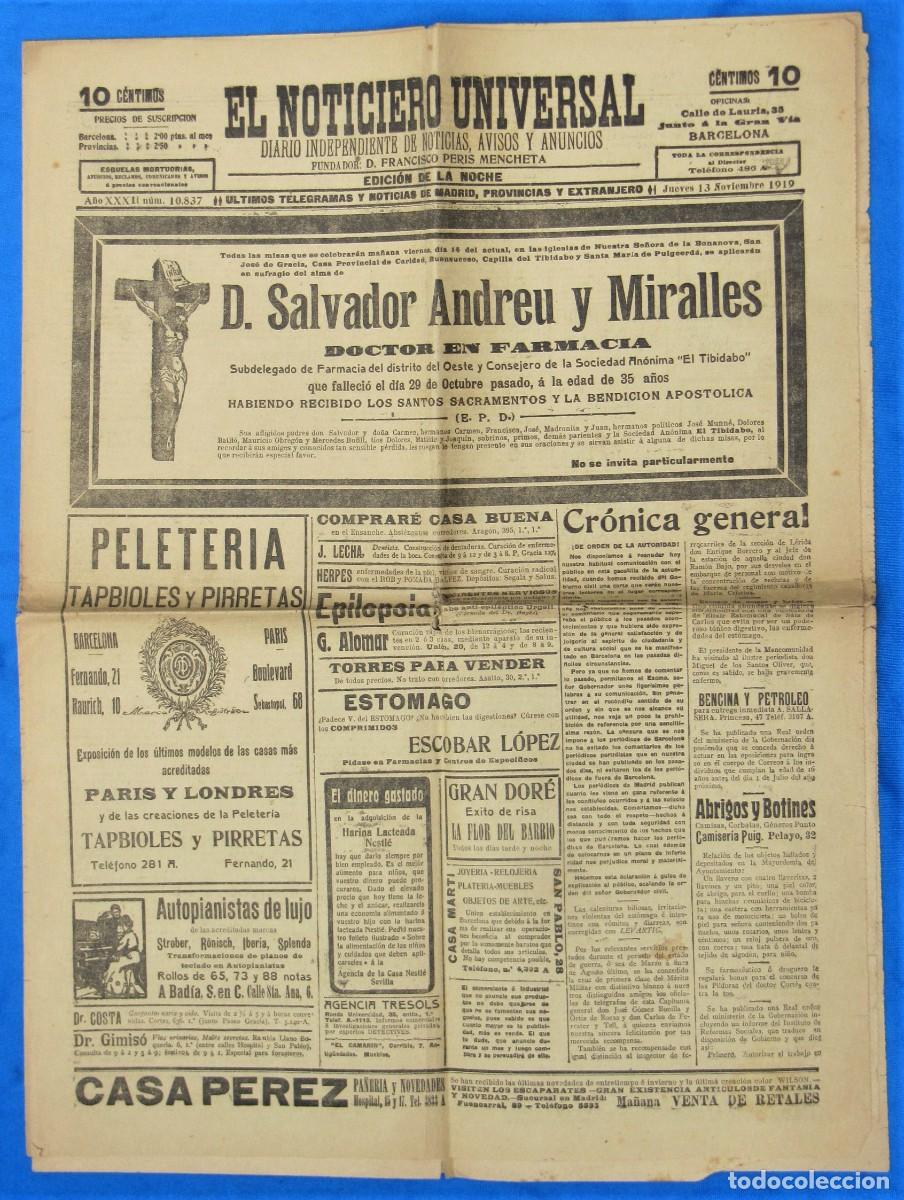 Collectionnisme de Revues et Journaux: EL NOTICIERO UNIVERSAL. 13 DE NOVIEMBRE 1919. BARCELONA.