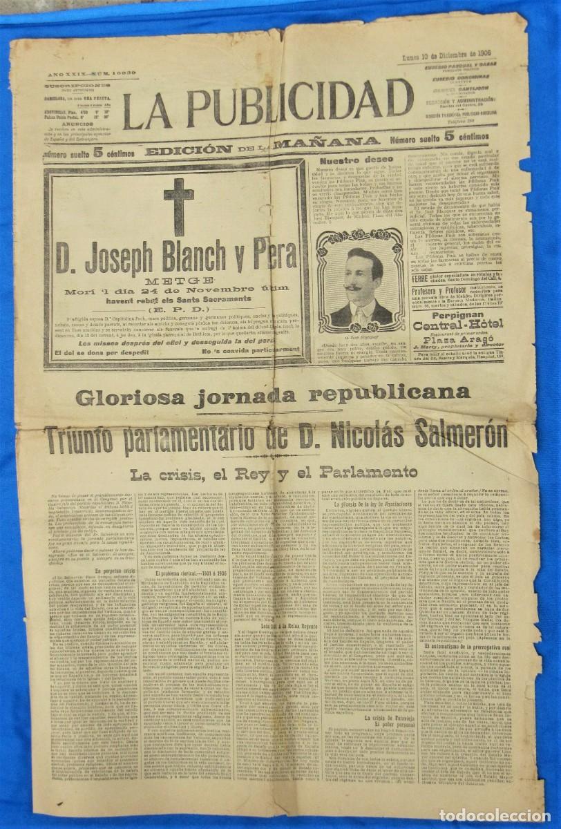 Collection Magazines and Newspapers: LA PUBLICIDAD. DIARIO ILUSTRADO. A&Ntilde;O XXIX. 10 DE DICIEMBRE 1906. BARCELONA.