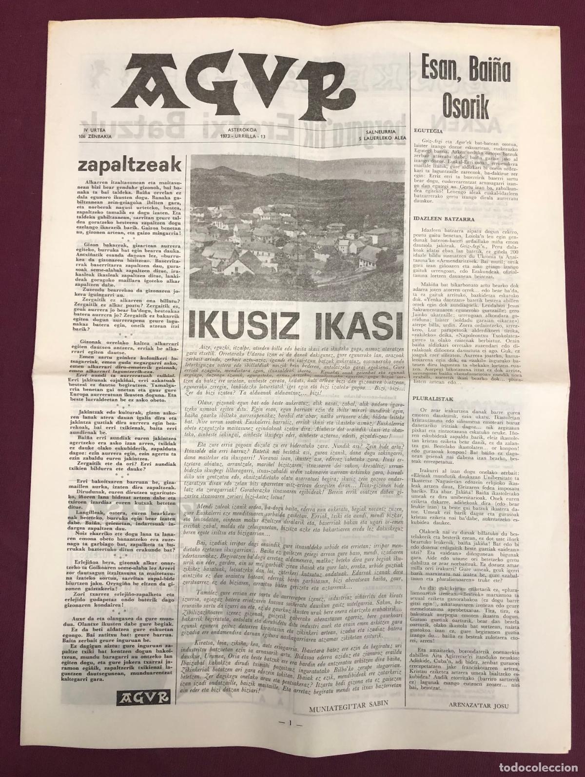 Collezionismo di Riviste e Giornali: PERIODICO AGUR. N&ordm; 106. A&Ntilde;O 1973, EUSKERA