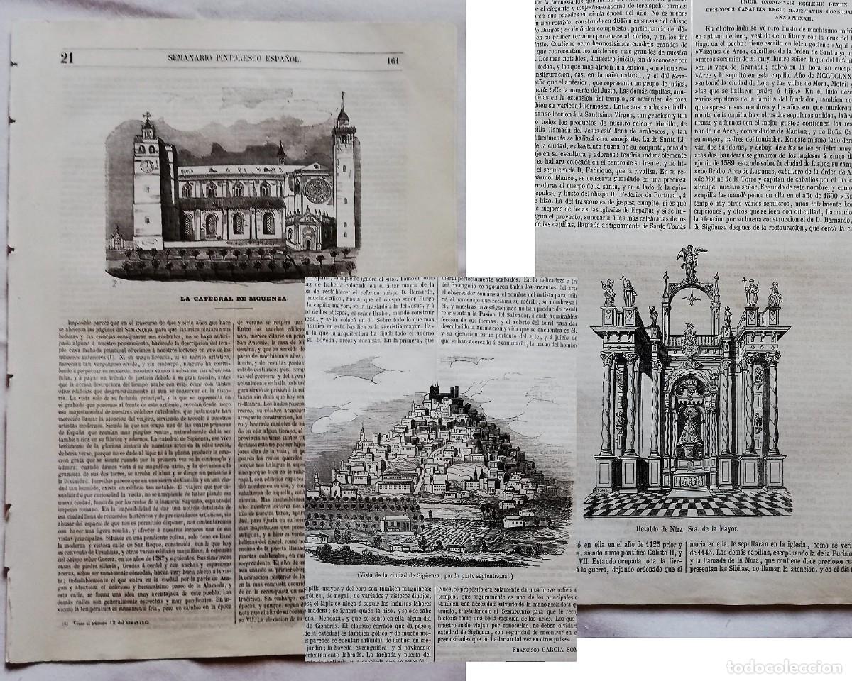 Coleccionismo de revistas y peri&oacute;dicos: SEMANARIO PINTORESCO ESPA&Ntilde;OL N&ordm; 21 1852: SIG&Uuml;ENZA Catedral, vista de la ciudad y Retablo Ntra. Sra.