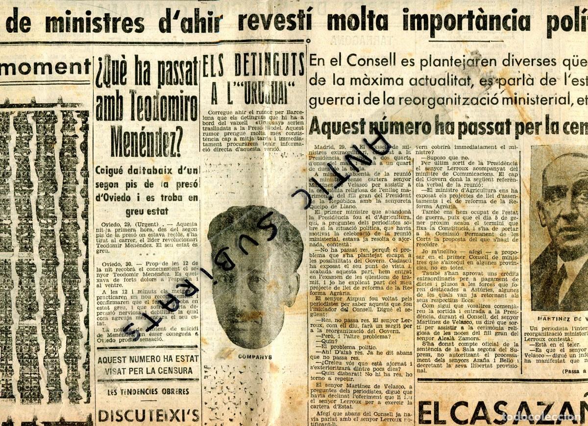 Coleccionismo de revistas y peri&oacute;dicos: PERIODICO CENSURADO A&Ntilde;O 1934 MARTINEZ DE VELASCO TEODOMIRO MENENDEZ JUNEDA SANT HIPOLIT DE VOLTREGA