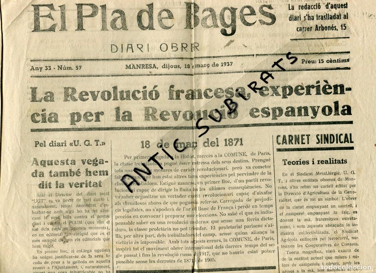 Coleccionismo de Revistas y Peri&oacute;dicos: PERIODICO DIARI PLA DE BAGES DEL POUM EN MANRESA A&Ntilde;O 1937 GUERRA CIVIL P.O.U.M. FORNILLOS GIRONELLA