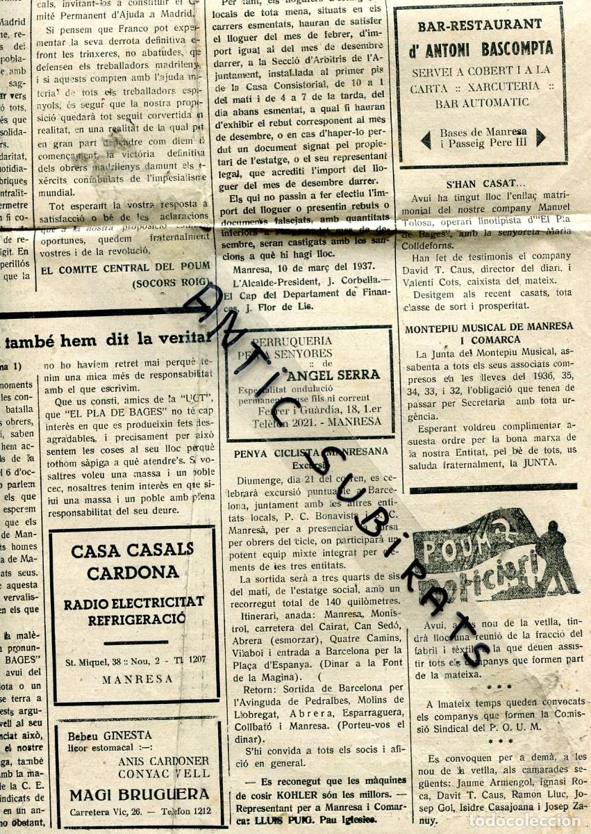 Coleccionismo de Revistas y Peri&oacute;dicos: PERIODICO A&Ntilde;O 1937 ICONOGRAFIA MAXISTA POUM P.O.U.M. EN MANRESA ANONI ESPINOSA MAGI GAMISANS TORRES
