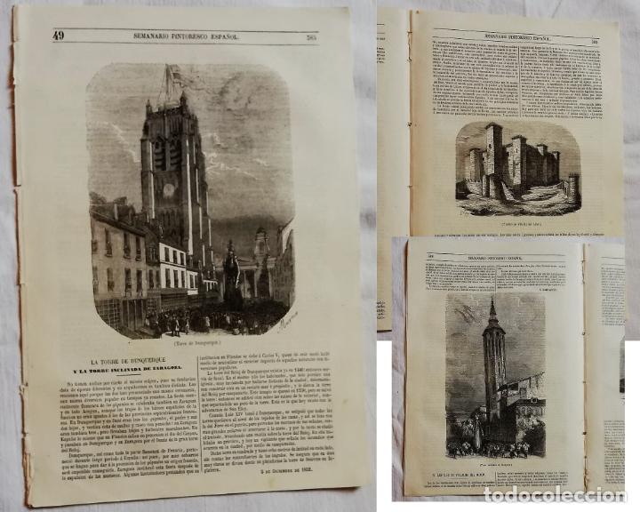 Coleccionismo de revistas y peri&oacute;dicos: SEMANARIO PINTORESCO ESPA&Ntilde;OL N&ordm;49 1852: Zaragoza torre inclinada,Torre Dunquerque, Villalba de Alcor