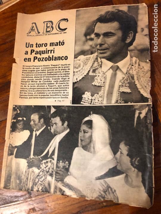 Coleccionismo de revistas y peri&oacute;dicos: HISTORICO ABC 27 DE SEP DE 1984- UN TORO MATO A PAQUIRRI EN POZOBLANCO,SOLO PORTADA DE ABC