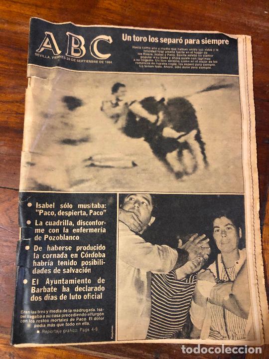 Coleccionismo de revistas y peri&oacute;dicos: PRENSA ABC VIERNES 28 DE SEPTIEMBRE DE 1984, UN TORO LOS SEPAR&Ograve; PARA SIEMPRE, PAQUIRRI