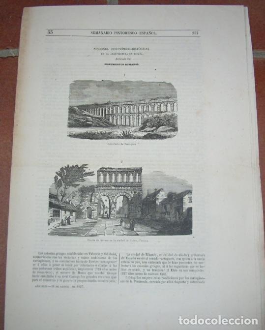Coleccionismo de Revistas y Peri&oacute;dicos: Antigua revista 1857 con grabados, Acueducto Tarragona, Burgos, Plasencia C&aacute;ceres