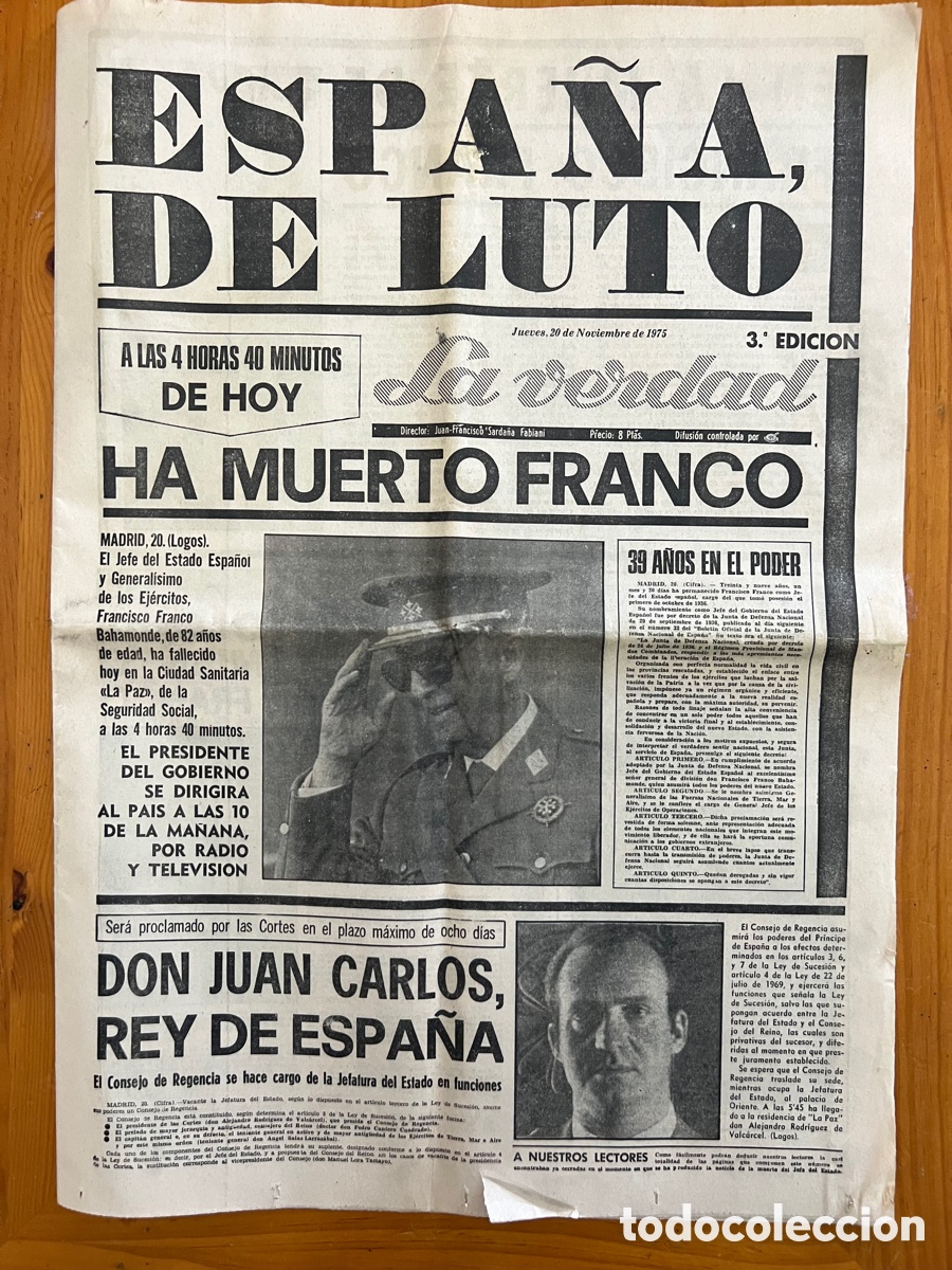 Sammeln von Zeitschriften und Zeitungen: PERIODICO LA VERDAD 20 NOVIEMBRE 1975( MURCIA ) ESPA&Ntilde;A DE LUTO, FRANCO A MUERTO