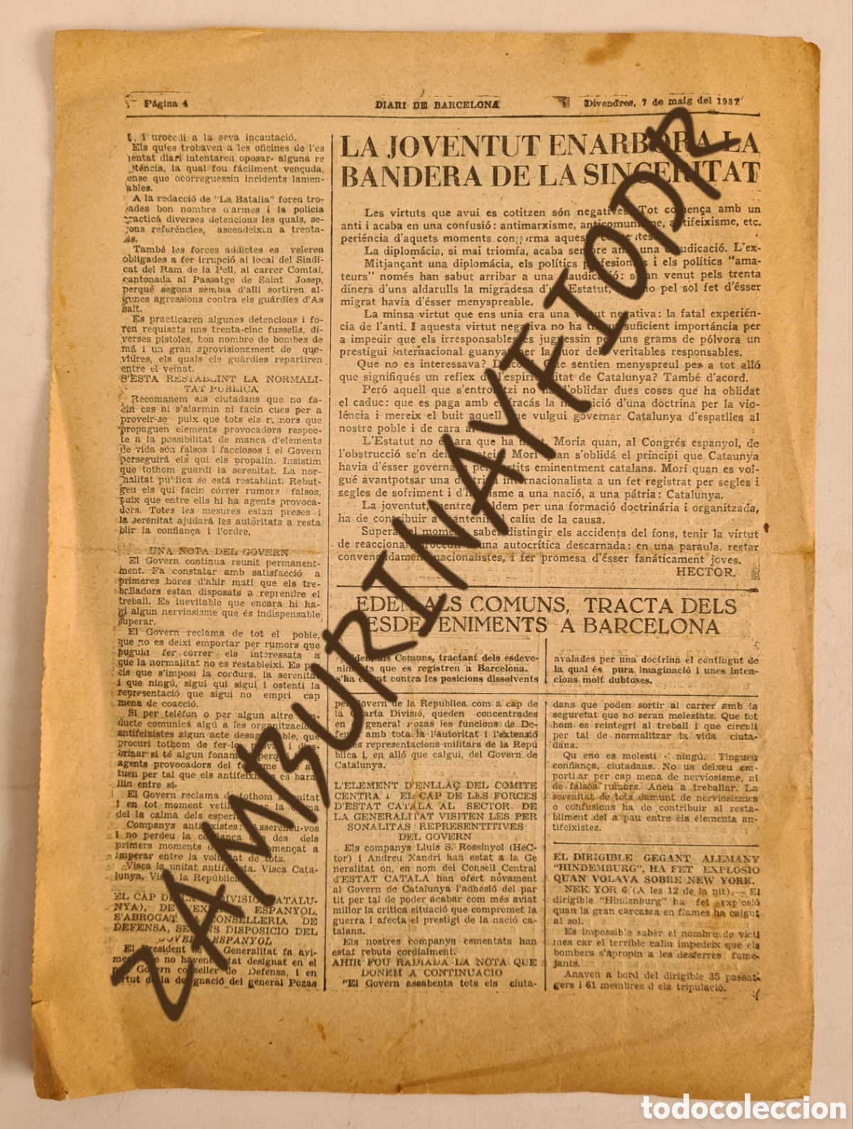 Coleccionismo de revistas y peri&oacute;dicos: Diari de Barcelona Estat Catal&agrave; - 7 de maig de 1937 - revoluci&oacute; CNT FAI Generalitat Rep&uacute;blica
