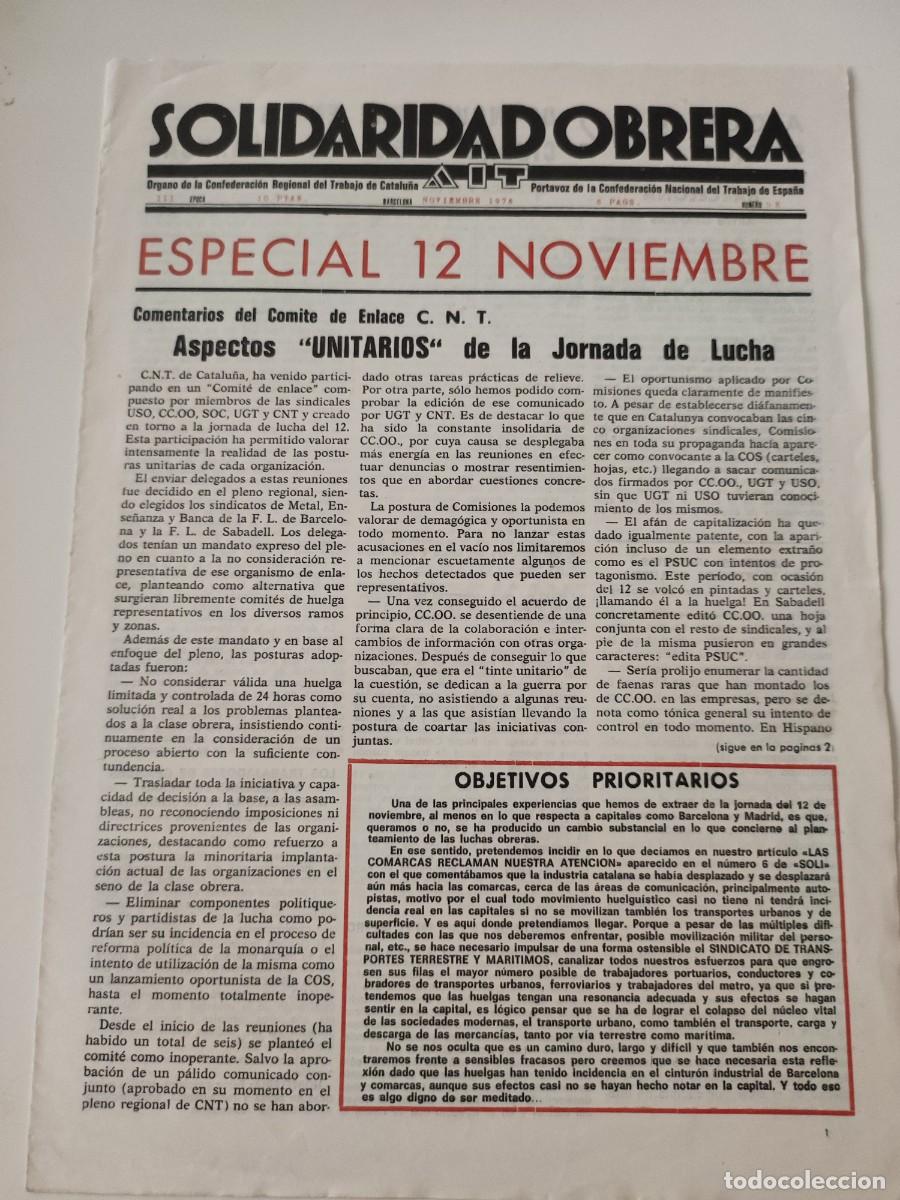 Sammeln von Zeitschriften und Zeitungen: Peri&oacute;dico Solidaridad Obrera. Noviembre 1976