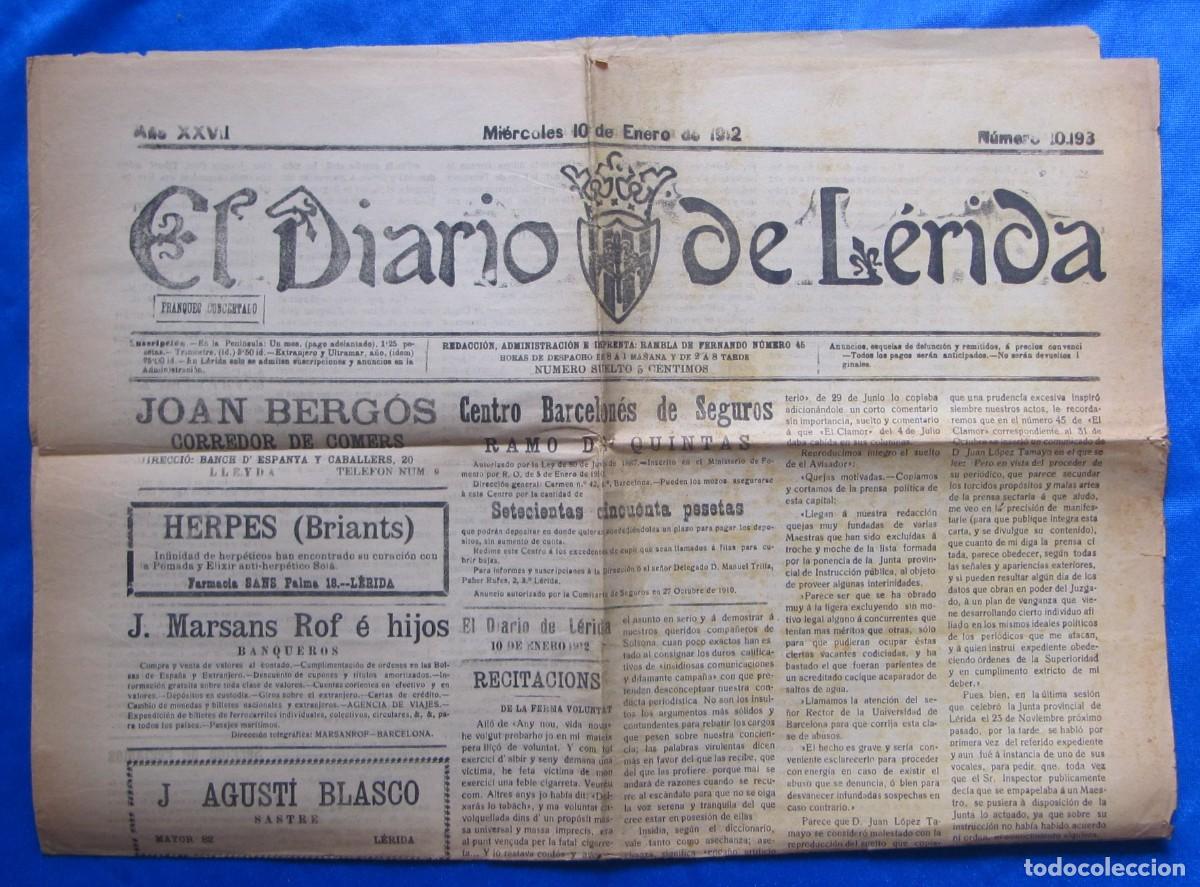 Collezionismo di Riviste e Giornali: EL DIARIO DE L&Eacute;RIDA. A&Ntilde;O XXVII. 10 DE ENERO DE 1912.