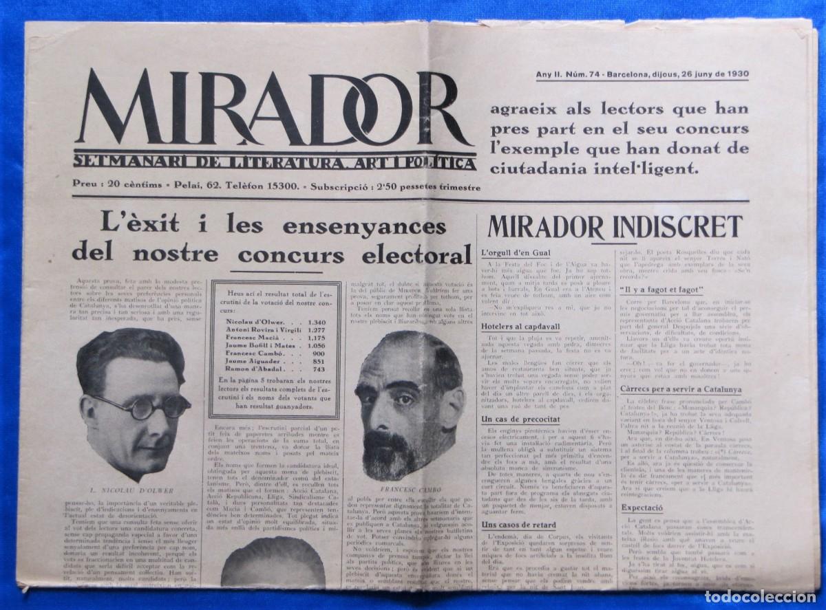 Collezionismo di Riviste e Giornali: MIRADOR. SETMANARI DE LITERATURA, ART I POL&Iacute;TICA. ANY II, N&Uacute;M 74. 26 DE JUNY DE 1930. BARCELONA.