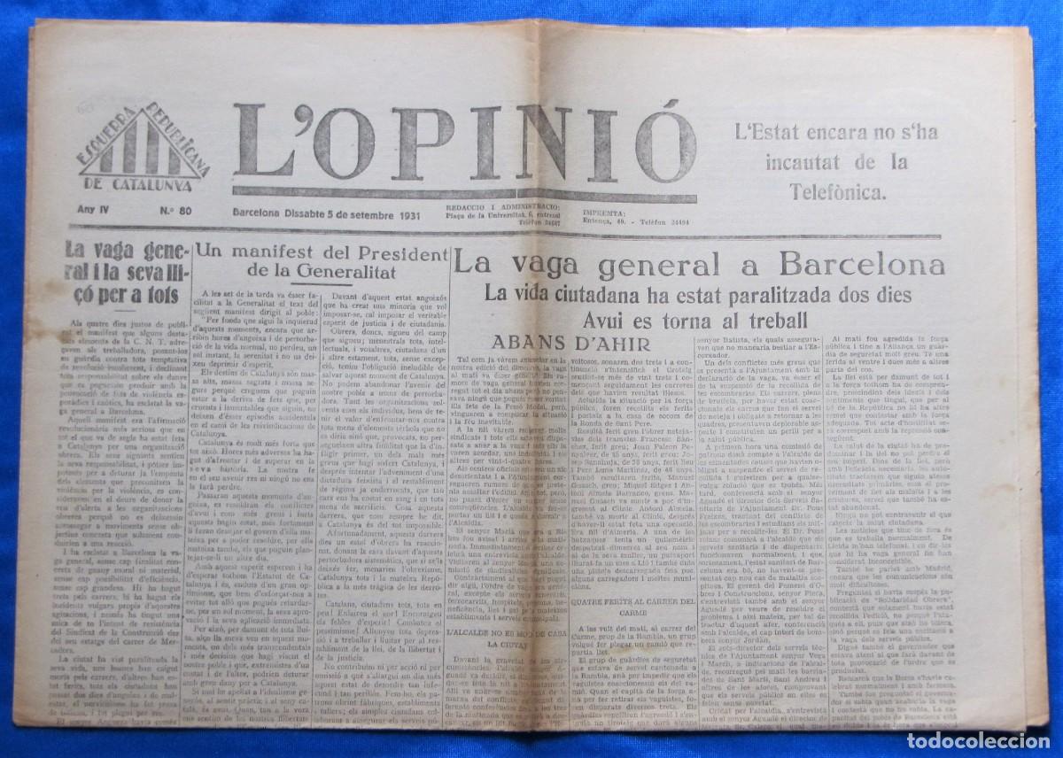 Coleccionismo de Revistas y Peri&oacute;dicos: SETMANARI L'OPINI&Oacute;. ESQUERRA REPUBLICANA DE CATALUNYA. ANY IV. N&ordm; 80. 5 DE SETEMBRE 1931.