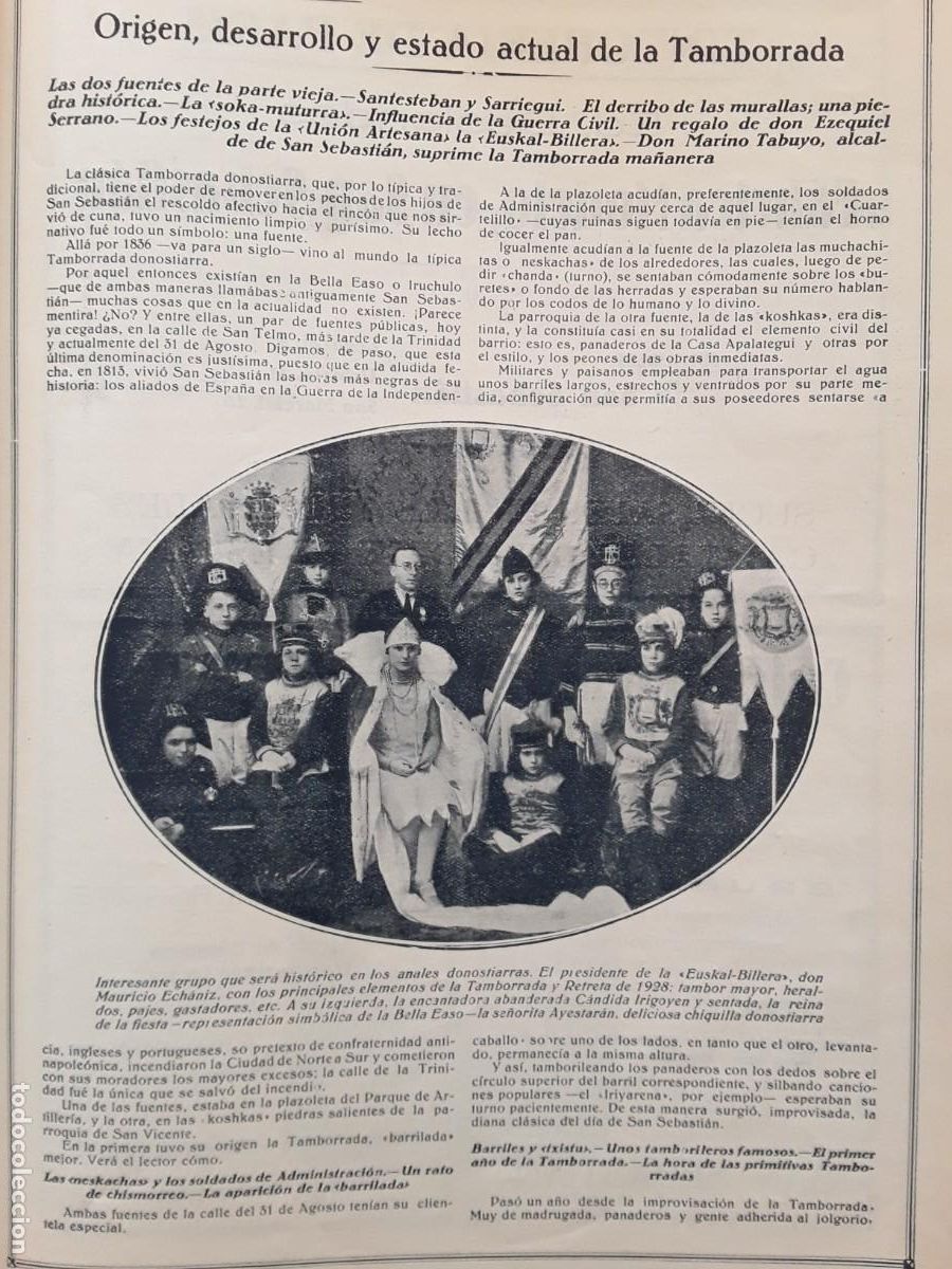 Collezionismo di Riviste e Giornali: TAMBORRADA SAN SEBASTIAN SHOTERO IRAZUSTA PRESIDENTE EUSKAL BILLERA MAURICIO ECHANIZ 2 HOJAS 1928