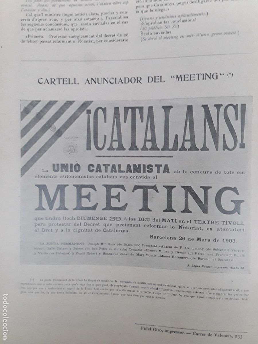 Collection Magazines and Newspapers: MEETING CONTRA LA REFORMA NOTARIAL UNIO CATALANISTA DISCURSOS TEATRE TIVOLI'LS REVISTA A&Ntilde;O 1903
