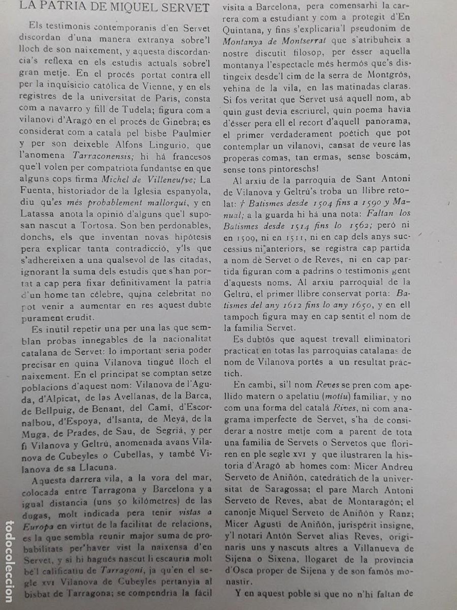 Collection Magazines and Newspapers: LA PATRIA DE MIQUEL SERVET / MES LLUM SOBRE L'ASUMPTO SERVET REVISTA A&Ntilde;O 1903