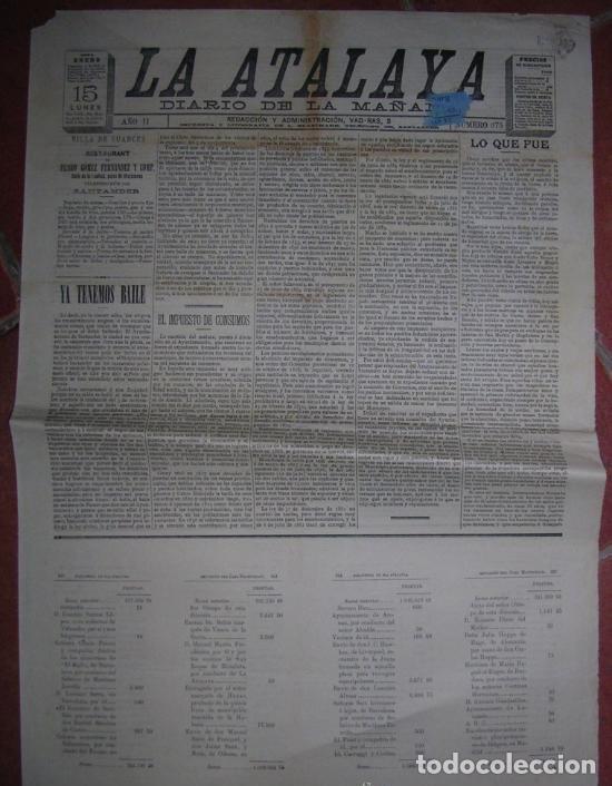 Coleccionismo de Revistas y Peri&oacute;dicos: Peri&oacute;dico La Atalaya. Santander. Cantabria. 1894. Villa de Suances, Ferrocarril a Burgos...