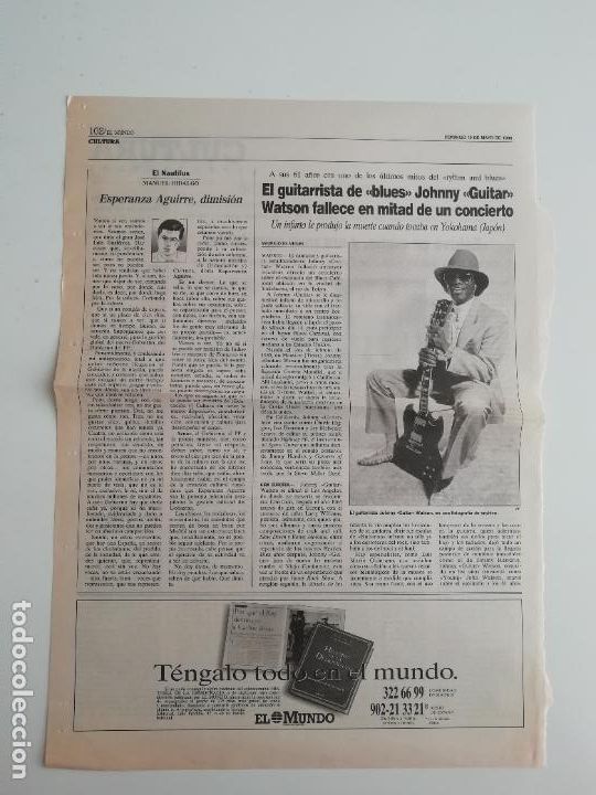 Sammeln von Zeitschriften und Zeitungen: Recorte El Mundo Johnny Guitar Watson Manuel Hidalgo Ant&oacute;nio Lobo Antunes Letras M&uacute;sica Opini&oacute;n 1996