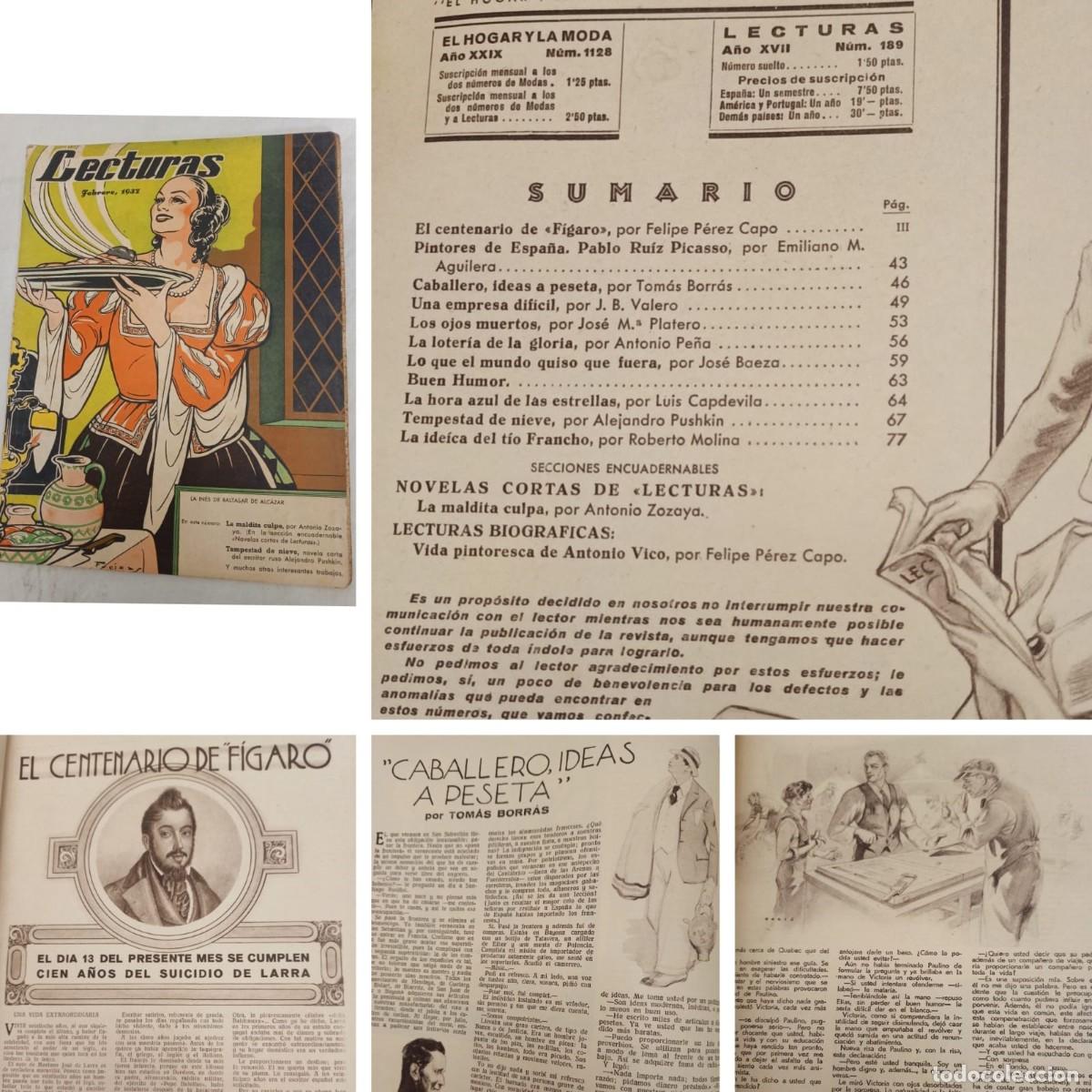 Coleccionismo de revistas y peri&oacute;dicos: REVISTA LECTURAS FEBRERO DE 1937. (Barso, Freixas y Longoria, ilustradores, Tom&aacute;s Borr&aacute;s, Larra)