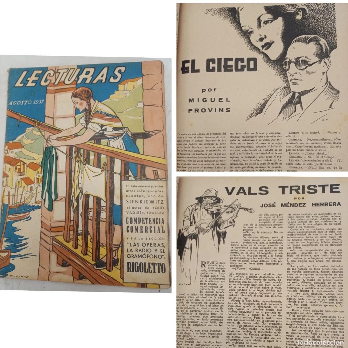 Coleccionismo de revistas y peri&oacute;dicos: REVISTA LECTURAS AGOSTO DE 1937. (S&aacute;nchez Tena y Freixas, ilustradores, Miguel Provins, Jos&eacute; M&eacute;ndez)