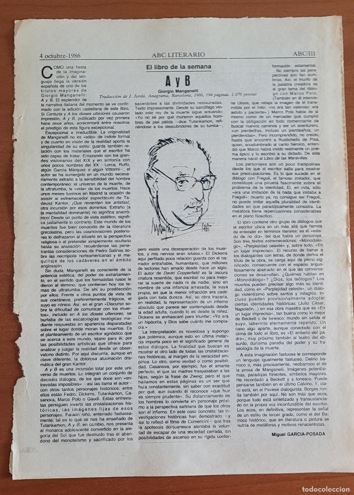 Coleccionismo de Revistas y Peri&oacute;dicos: Recorte ABC 4-10-86 A y B de Giorgio Manganelli, por Miguel Garc&iacute;a-Posada