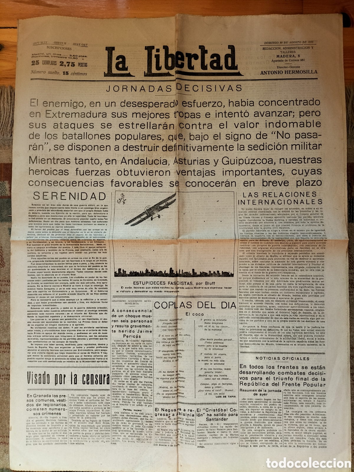 Collezionismo di Riviste e Giornali: Diario La Libertad. Domingo 30 Agosto 1936. Guerra Civil.