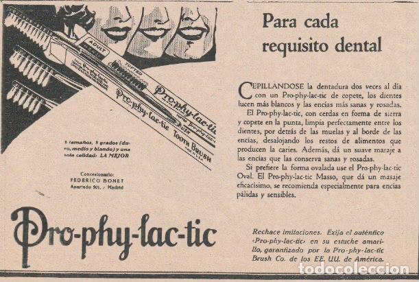 Coleccionismo de Revistas y Peri&oacute;dicos: Publicidad cepillo de dientes PRO-PHY-LAC-TIC -1930