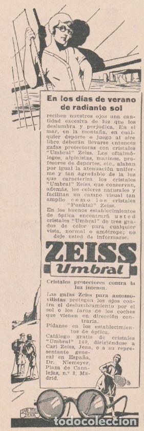 Coleccionismo de Revistas y Peri&oacute;dicos: Publicidad cristales protectores ZEISS Umbral -1930