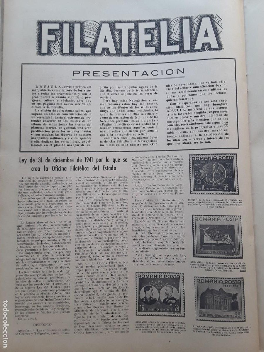 Collezionismo di Riviste e Giornali: CREACION OFICINA FILATELICA DEL ESTADO FILATELIA Y NAVEGACION SELLOS MARINEROS REVISTA A&Ntilde;O 1941