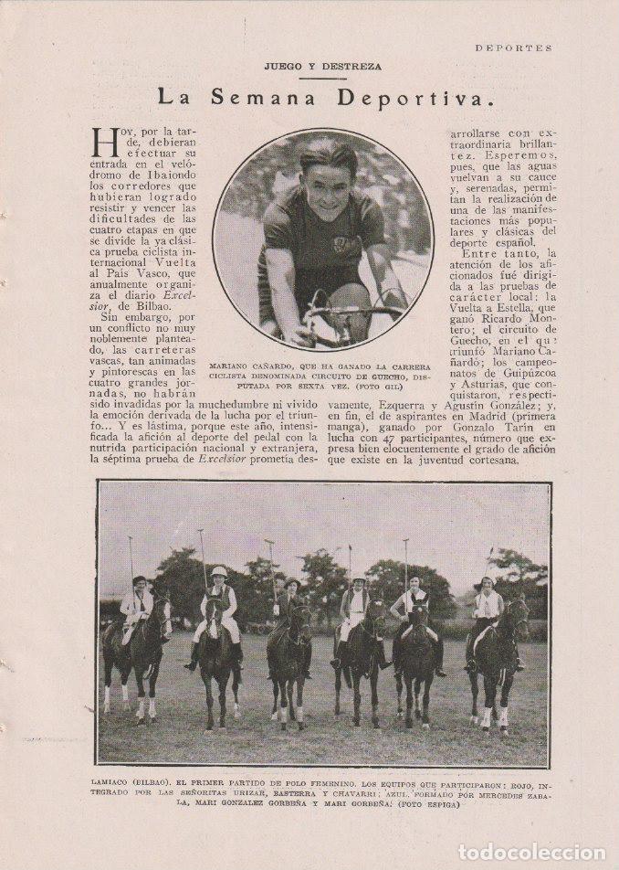 Coleccionismo de Revistas y Peri&oacute;dicos: * DEPORTES * Ciclismo: Mariano Ca&ntilde;ardo; polo femenino; f&uacute;tbol: Real Sociedad; front&oacute;n de Deva - 1930