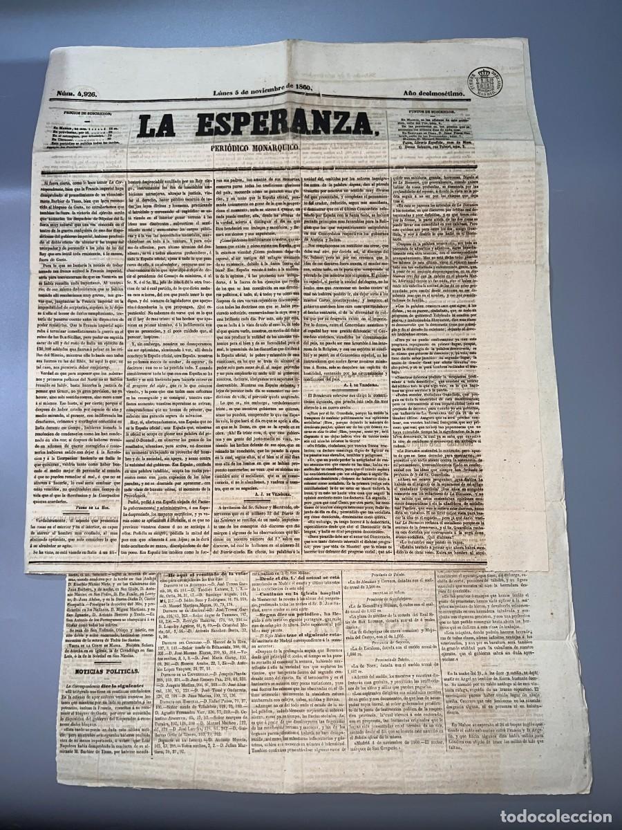 Sammeln von Zeitschriften und Zeitungen: PERI&Oacute;DICO MON&Aacute;RQUICO LA ESPERANZA. N&ordm; 4926. 5 NOVIEMBRE 1860.EL VAPOR PERA LLEGA A GIBRALTAR