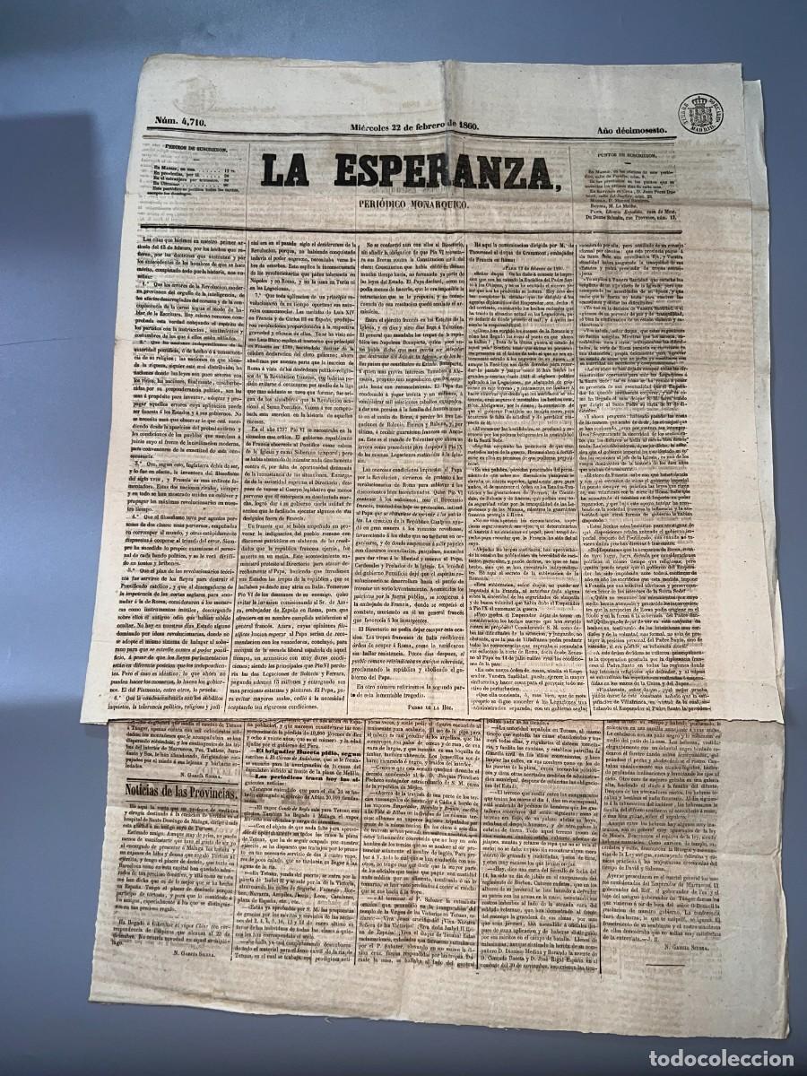 Collezionismo di Riviste e Giornali: PERI&Oacute;DICO MON&Aacute;RQUICO LA ESPERANZA.N&ordm; 4710.22 FEBRERO 1860.REVUELTAS SANGRIENTAS EN GIBRALTAR Y ORAN