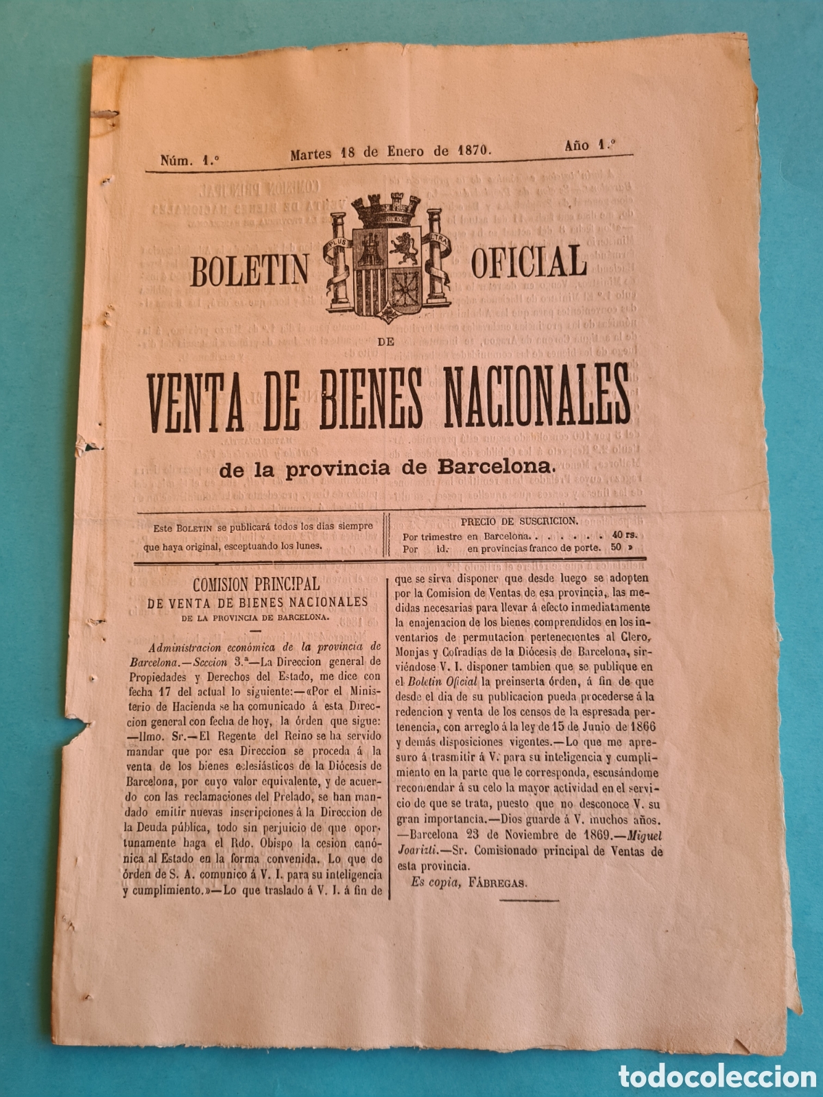 Coleccionismo de revistas y peri&oacute;dicos: BOLETIN OFICIAL DE VENTA DE BIENES NACIONALES - PROVINCIA DE BARCELONA - 18 ENERO 1870