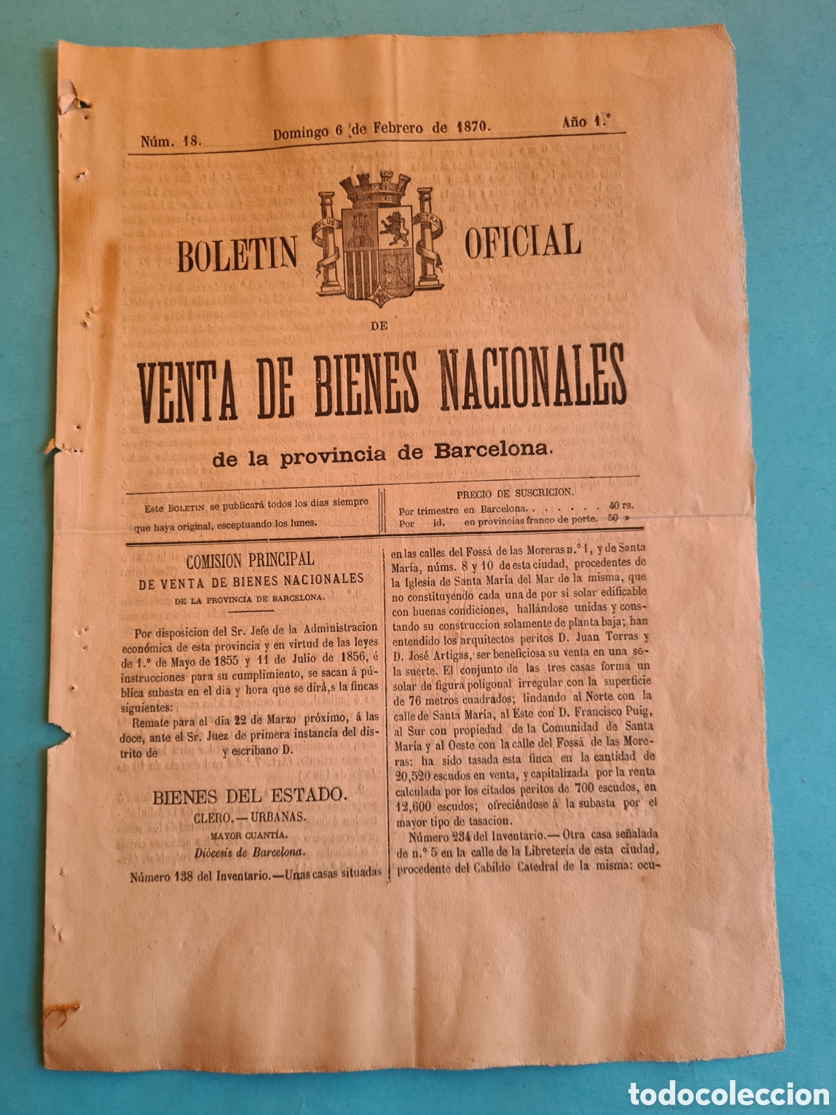 Coleccionismo de revistas y peri&oacute;dicos: BOLETIN OFICIAL DE VENTA DE BIENES NACIONALES - PROVINCIA DE BARCELONA - 6 FEBRERO 1870