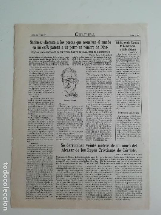 Coleccionismo de Revistas y Peri&oacute;dicos: Recorte Jaime Sabines Jos&eacute; Velicia Alc&aacute;zar C&oacute;rdoba Pablo Corbal&aacute;n Armas Marcelo ABC 1997