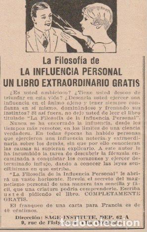 Coleccionismo de Revistas y Peri&oacute;dicos: Publicidad hipnotismo Sage Institute - 1930
