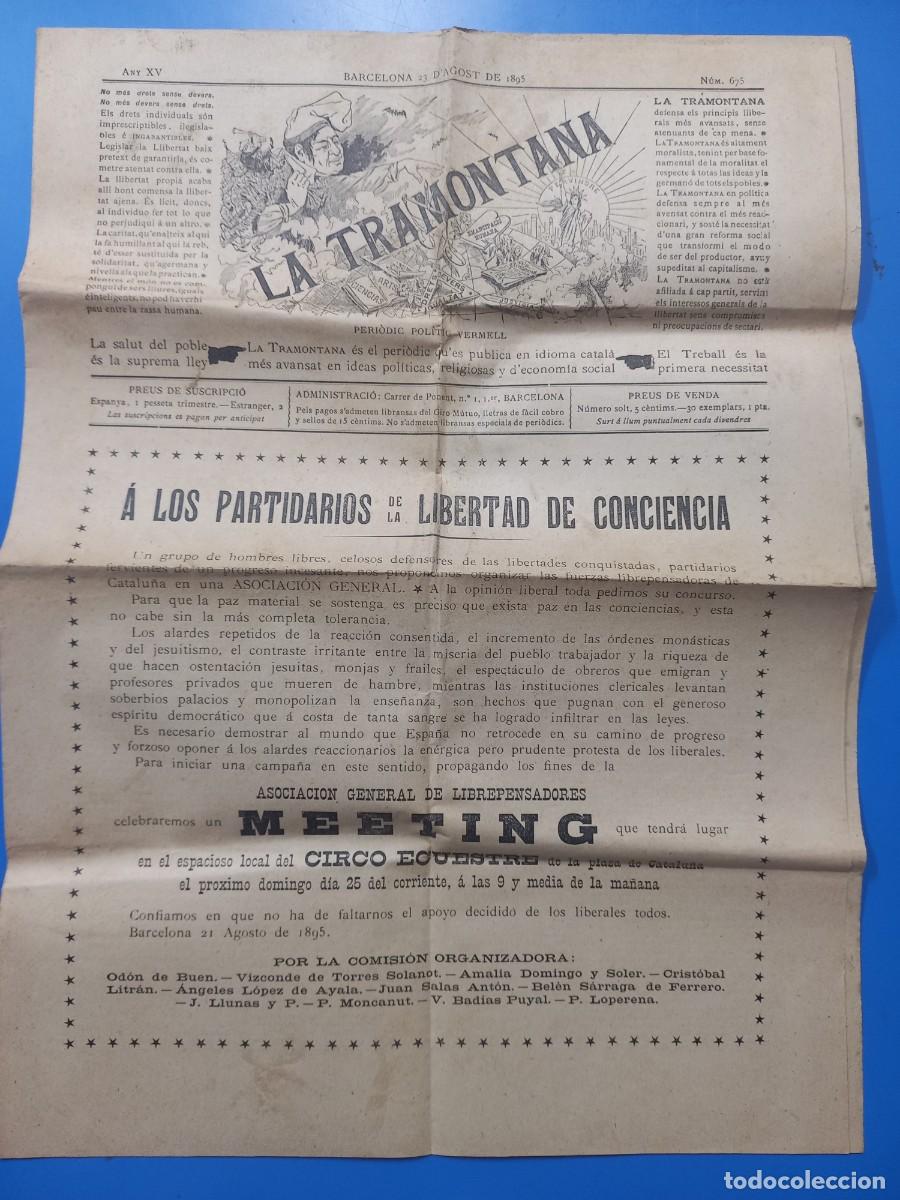 Coleccionismo de revistas y peri&oacute;dicos: LA TRAMONTANA BARCELONA 23 D'AGOST DE 1895 MIDE: 27 x 38 cm.