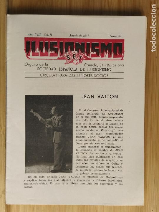 Coleccionismo de Revistas y Peri&oacute;dicos: MAGIA-SOCIEDAD ESPA&Ntilde;OLA ILUSIONISMO-N&ordm; 81-JEAN VALTON-A&Ntilde;O 1951-(K-11.400)
