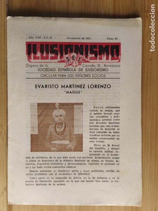 Coleccionismo de Revistas y Peri&oacute;dicos: MAGIA-SOCIEDAD ESPA&Ntilde;OLA ILUSIONISMO-N&ordm; 84-EVARISTO MARTINEZ LORENZO MAGUS-A&Ntilde;O 1951-(K-11.400)