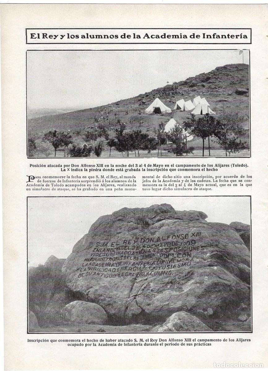 Coleccionismo de Revistas y Peri&oacute;dicos: 1909 HOJA REVISTA TOLEDO ACADEMIA DE INFANTER&Iacute;A, CAMPAMENTO DE LOS ALIJARES, ATAQUE REY ALFONSO XIII