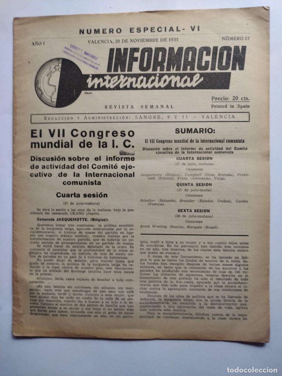 Coleccionismo de revistas y peri&oacute;dicos: Informaci&oacute;n Internacional. JOSEP RENAU. REVISTA SEMANAL. POR LA UNIDAD DE ACCI&Oacute;N DEL PROLETARIADO MU