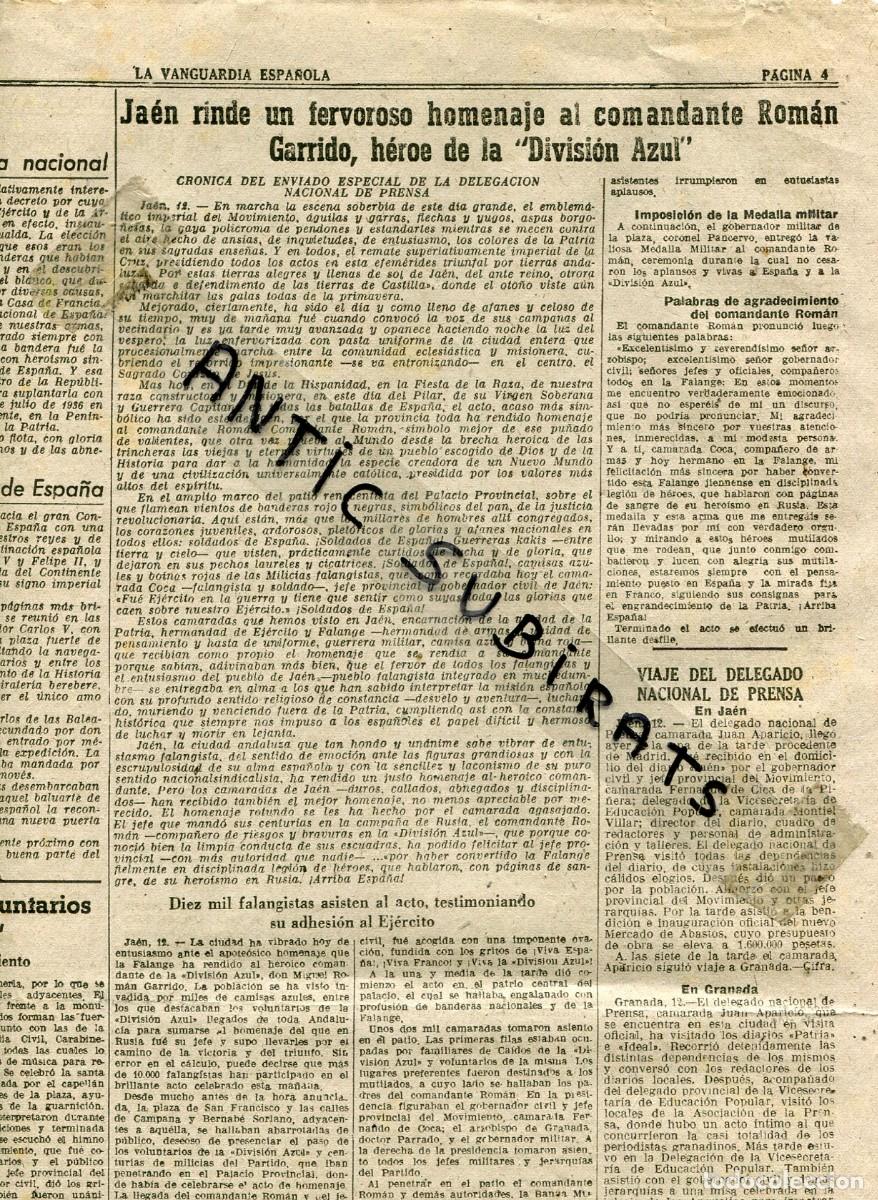 Coleccionismo de Revistas y Peri&oacute;dicos: RECORTE DE PRENSA A&Ntilde;O 1942 COMANDANDE ROMAN GARRIDO HEROE DE JAEN DE LA DIVISION AZUL
