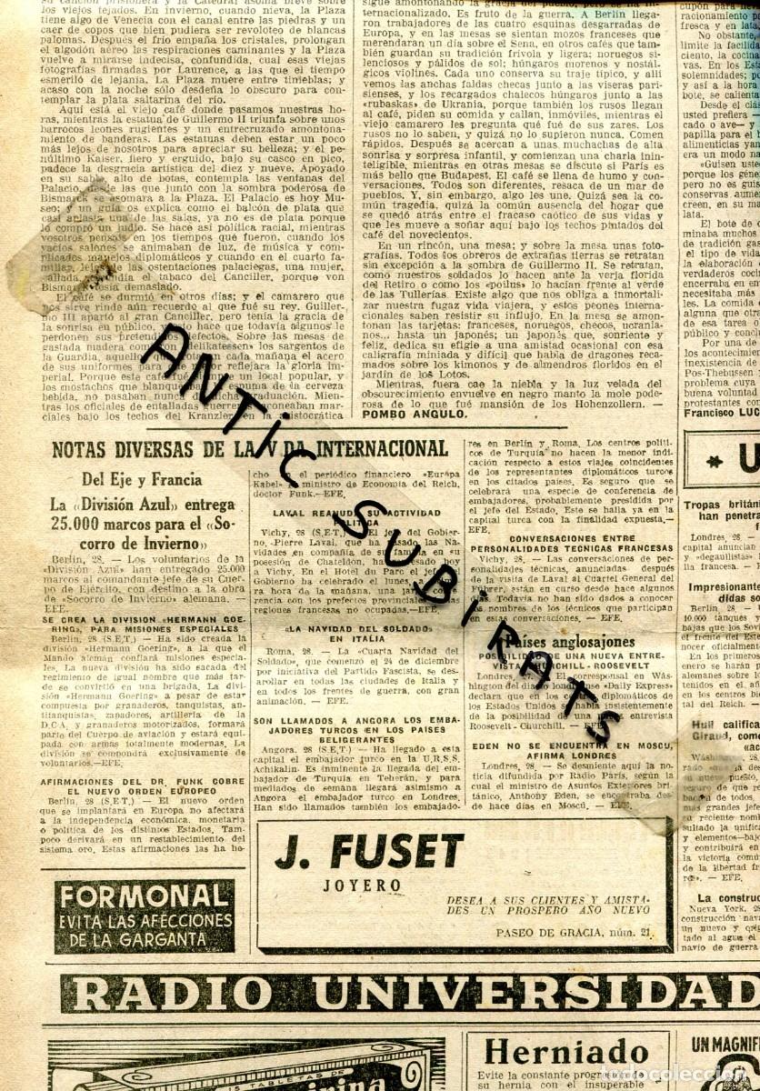 Coleccionismo de Revistas y Peri&oacute;dicos: RECORTE DE PRENSA A&Ntilde;O 1942 LA DIVISION AZUL ENTREGA 25.000 MARCOS PARA EL SOCORRO DE INVIERNO