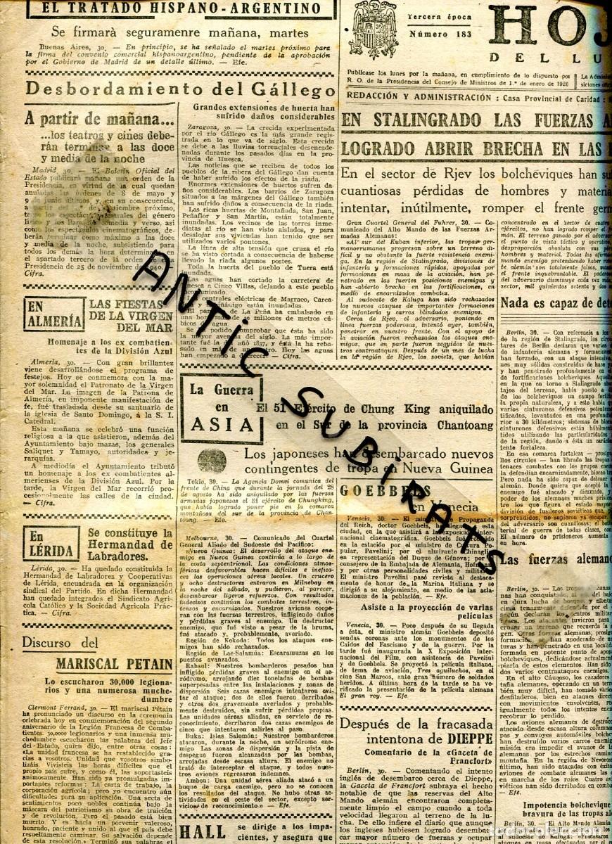 Coleccionismo de Revistas y Peri&oacute;dicos: PERIODICO A&Ntilde;O 1942 DIVISION AZUL EN ALMERIA MANRESA PRUNES VILAFRANCA DEL PENDES CANET DE MAR