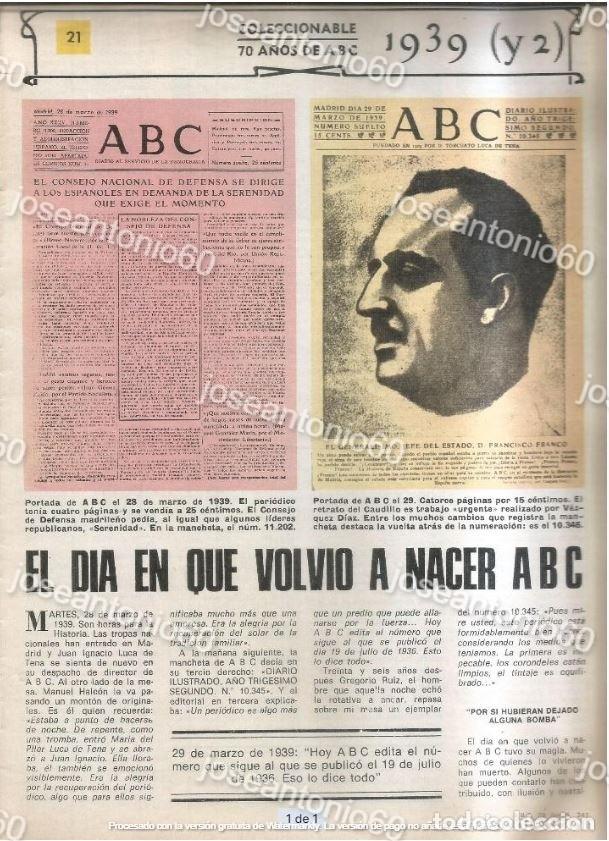 Colecionismo de Revistas e Jornais: Coleccionable 70 a&ntilde;os de ABC N&ordm; 21. El dia que volvio a nacer ABC. 1939 (y 2) - ABC