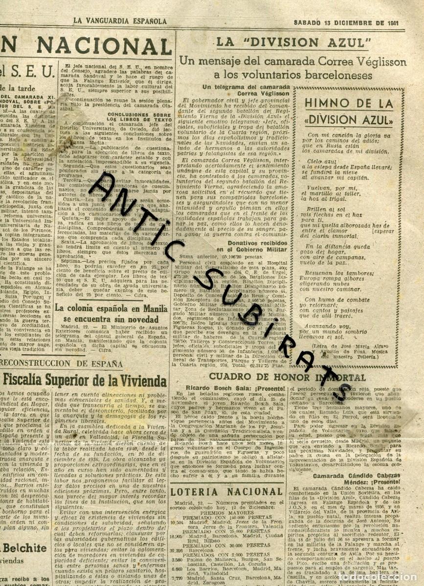 Coleccionismo de Revistas y Peri&oacute;dicos: VANGUARDIA A&Ntilde;O 1941 EL HIMNO DE LA DIVISION AZUL