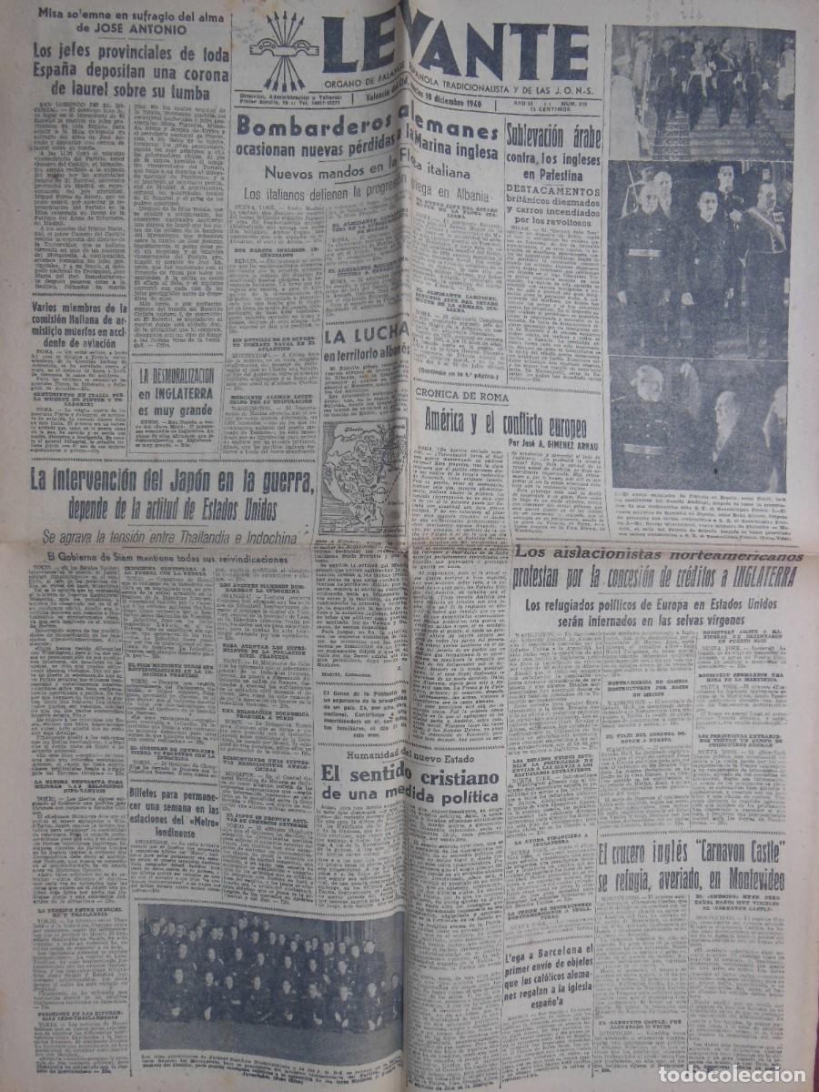 Collezionismo di Riviste e Giornali: ANTIGUO PERI&Oacute;DICO/ OLD NEWSPAPER: LEVANTE 10 DICIEMBRE 1940 (Valencia). N&ordm;519.