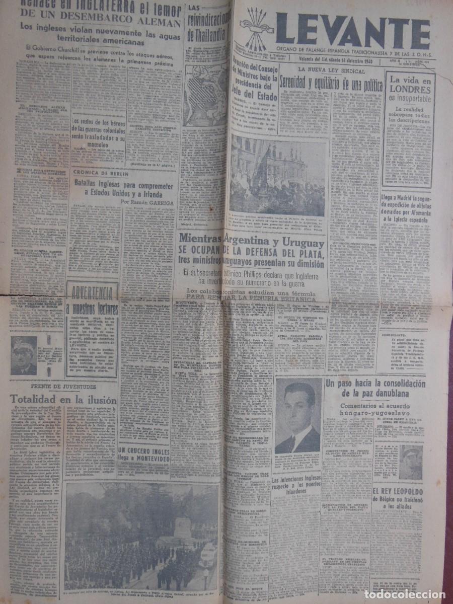 Collezionismo di Riviste e Giornali: ANTIGUO PERI&Oacute;DICO/ OLD NEWSPAPER: LEVANTE 14 DICIEMBRE 1940 (Valencia). N&ordm; 523.
