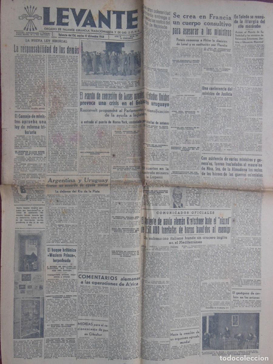 Collezionismo di Riviste e Giornali: ANTIGUO PERI&Oacute;DICO/ OLD NEWSPAPER: LEVANTE 17 DICIEMBRE 1940 (Valencia). N&ordm;525.