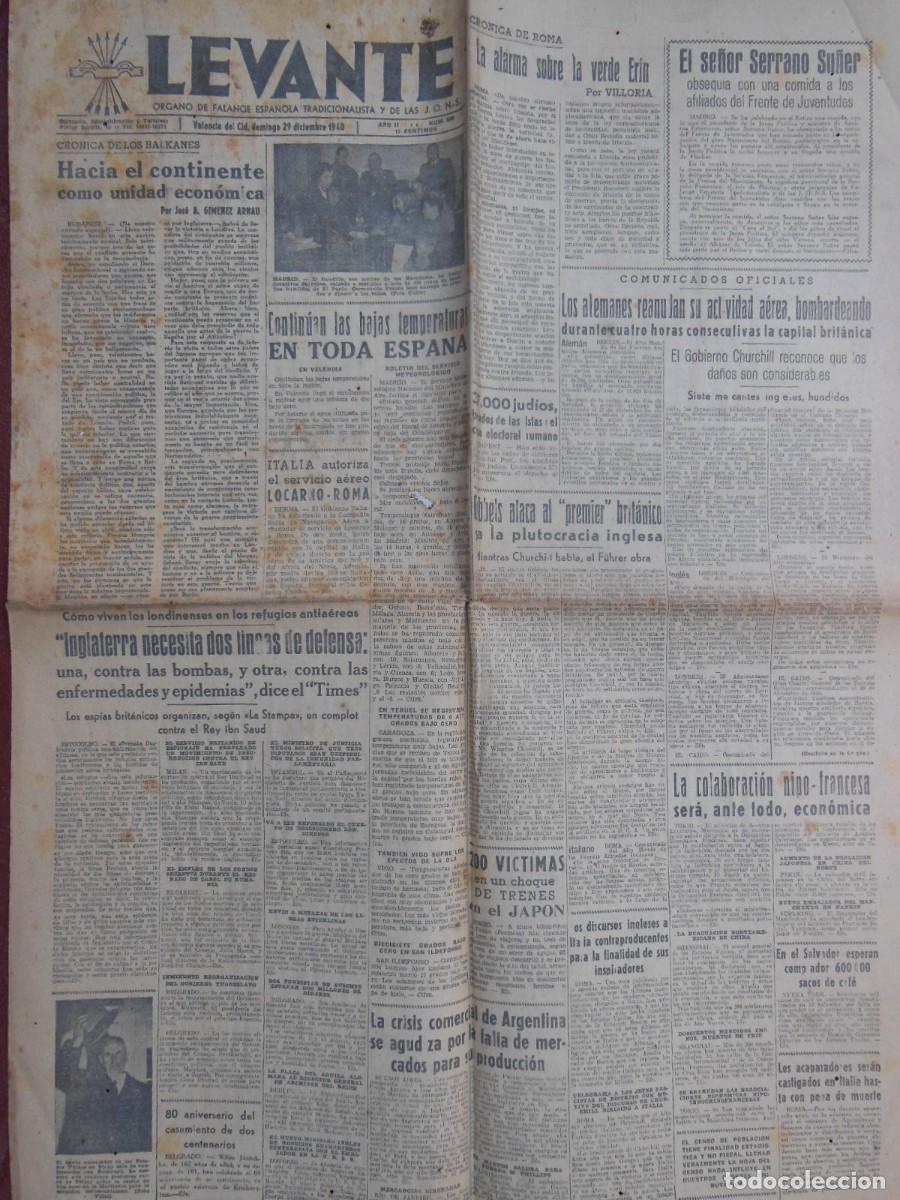 Collezionismo di Riviste e Giornali: ANTIGUO PERI&Oacute;DICO/ OLD NEWSPAPER: LEVANTE 29 DICIEMBRE 1940 (Valencia). N&ordm; 535.